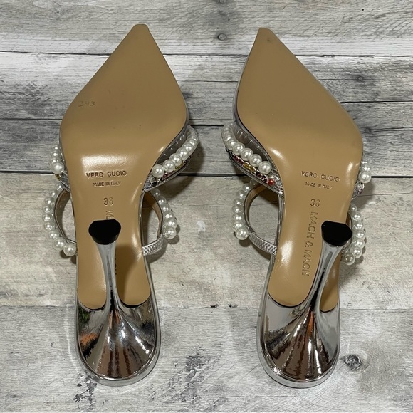 MACH & MACH Diamond Of Elizabeth Imitation Pearl Pointed Toe Mule Silver Sz-38/8 - Picture 12 of 14